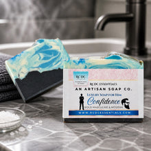 Soap bar with packaging labeled 'RCDC Essentials' on a bathroom counter.