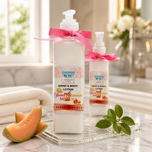 Two bottles of RCDC Hand & Body Lotion on a tray with cantaloupe slices and leaves in a bathroom setting.