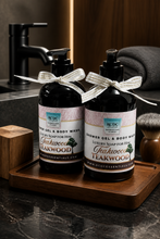 Two bottles of teakwood-scented shower gel and body wash on a wooden tray with a bathroom setting.