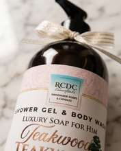 Bottle of RCDC Essentials shower gel and body wash with a decorative bow on a neutral background