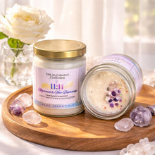 Two jars of Soy wax scented candles with decorative elements on a wooden tray with flowers and crystals in the background made by Rcdcessentials