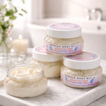Jars of Souffle Body Butter on a marble surface with a blurred background