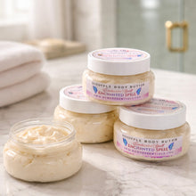Three jars of Squealple Body Butter on a marble surface with a bathroom background.