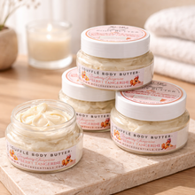 Jars of body butter on a wooden tray with a neutral background