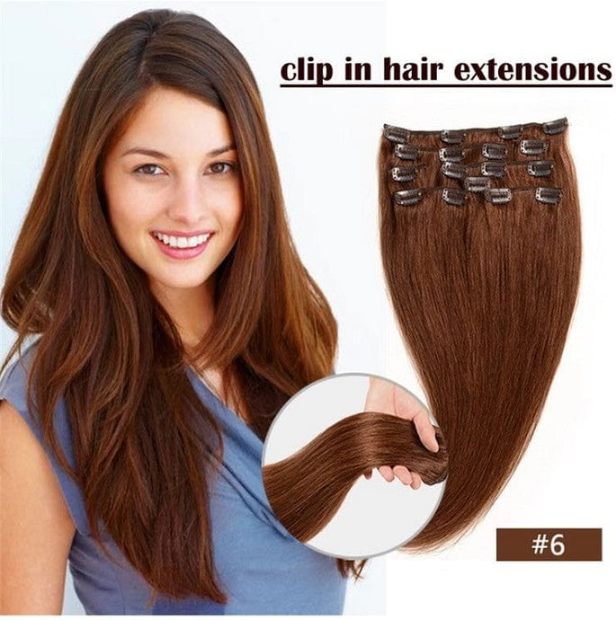Straight Clip In Real Brazilian Human Hair Extension in Light Brown 6pcs 70g 18inches
