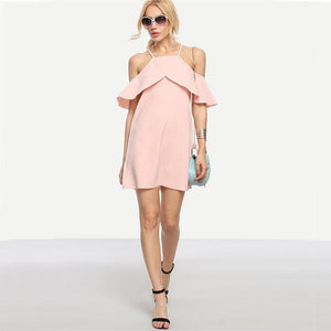 Pink Cold Shoulder Ruffle Sleeve Mini Dress
