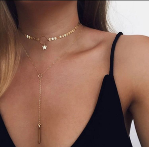 Gold Silver Long Star Tassel Choker Necklace