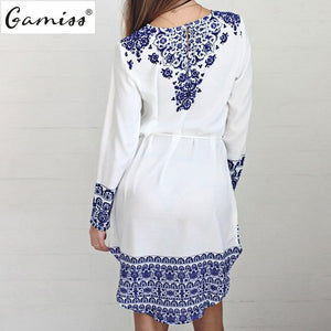 Gamiss Casual Long Sleeve Ethnic Print Mini Shirt Dress