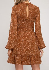 Cinnamon Leopard Print High Neck Long Sleeve Flowing Dress