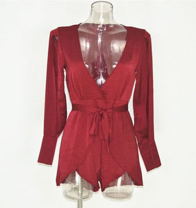 Ariel Red Plunged V-neck Spliced Layered Romper