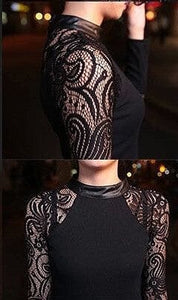Lace Long sleeve slim fit knit top with leather crew neck