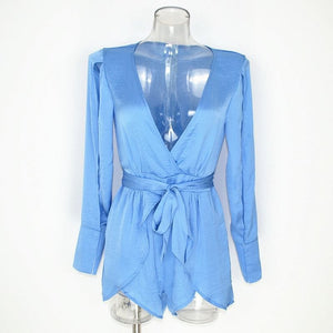 Ariel Ice Blue Plunged V-neck Spliced Layered Romper