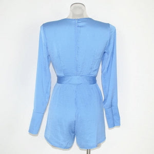Ariel Ice Blue Plunged V-neck Spliced Layered Romper