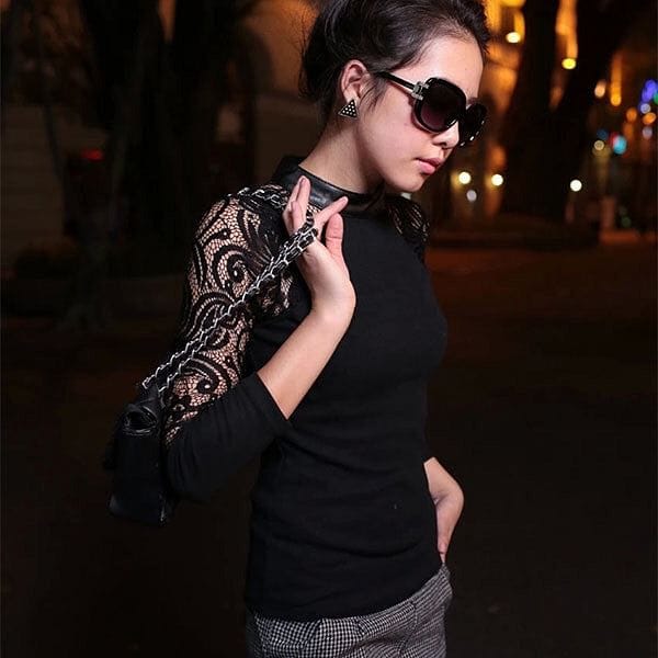 Lace Long sleeve slim fit knit top with leather crew neck